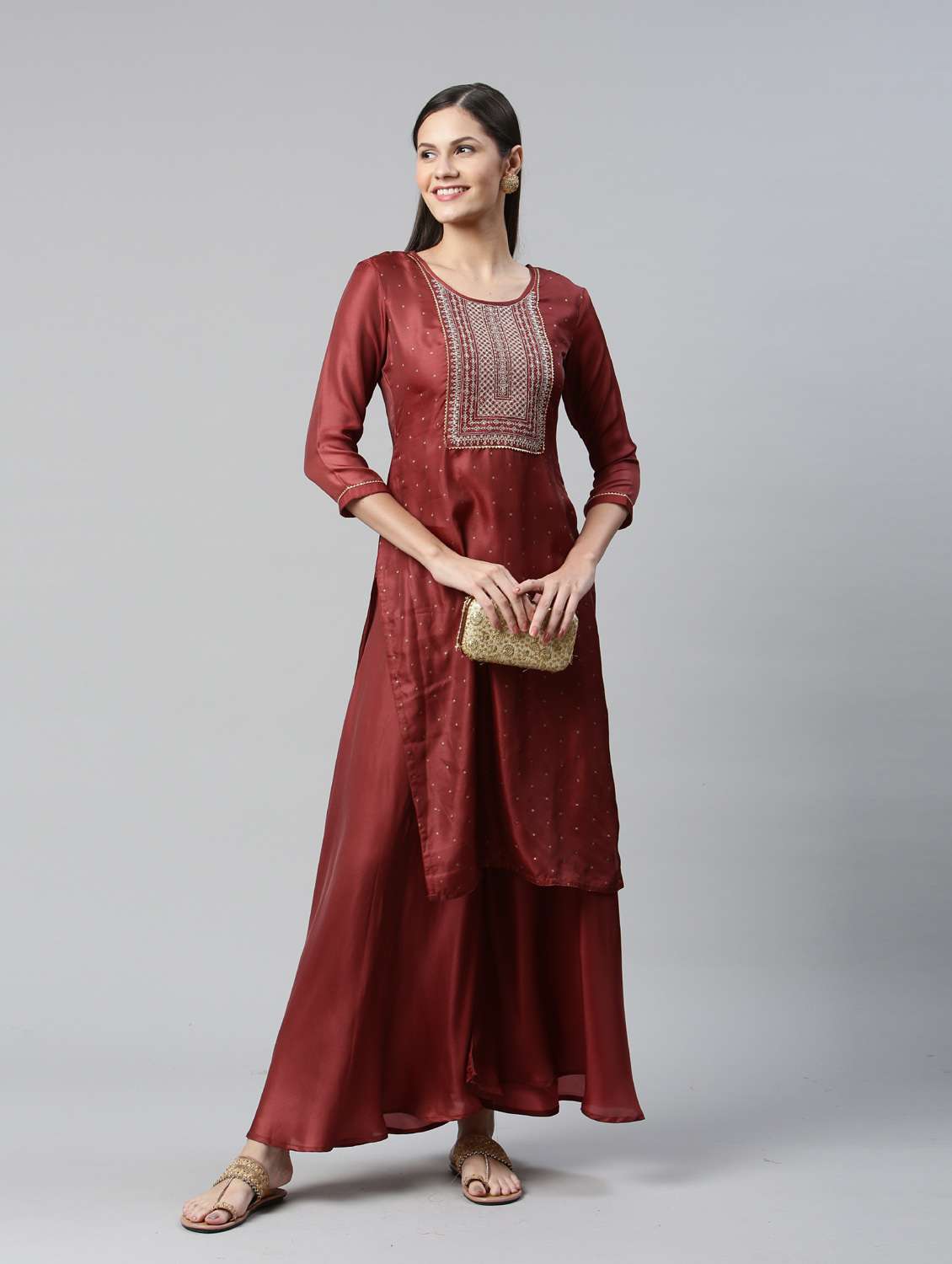 peach satin kurta palazzo set - 18743728 - Standard Image - 3