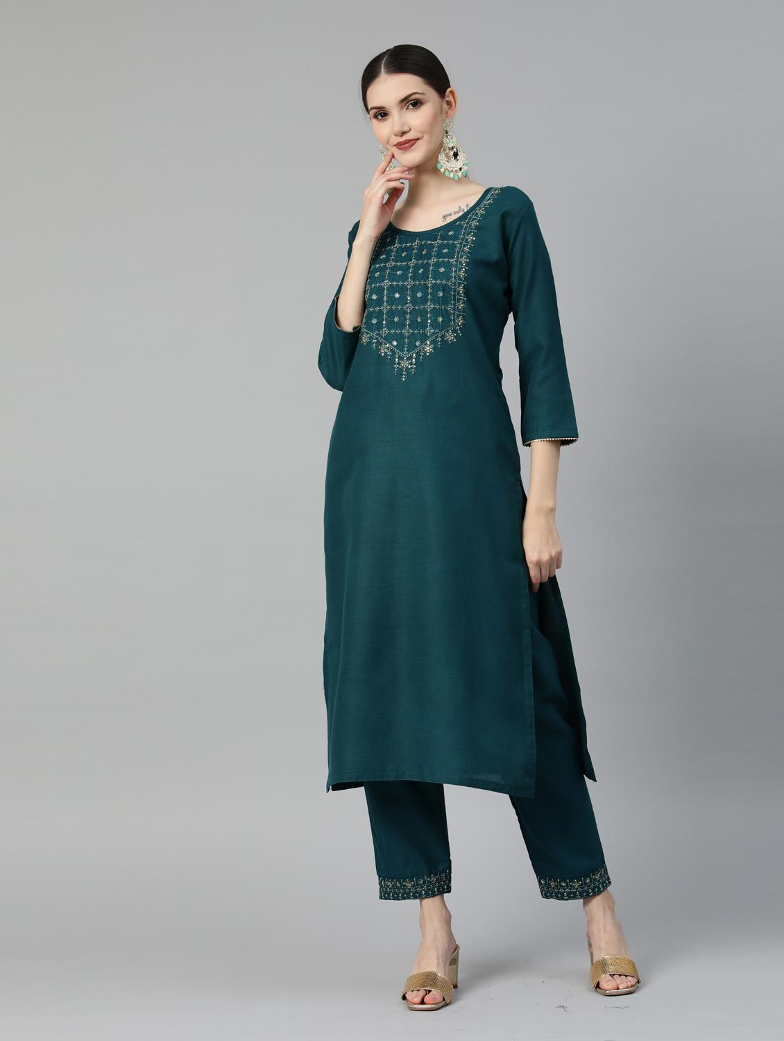 teal silk kurta pant  set - 18743741 -  Zoom Image - 0