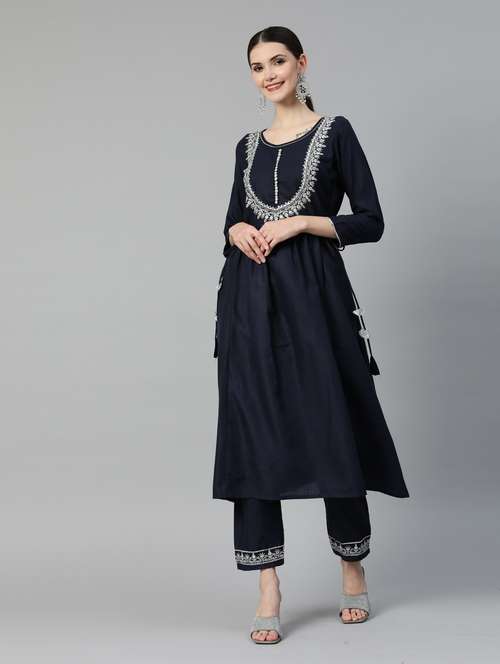 navy cotton kurta pant set - 18743754 - Standard Image - 0