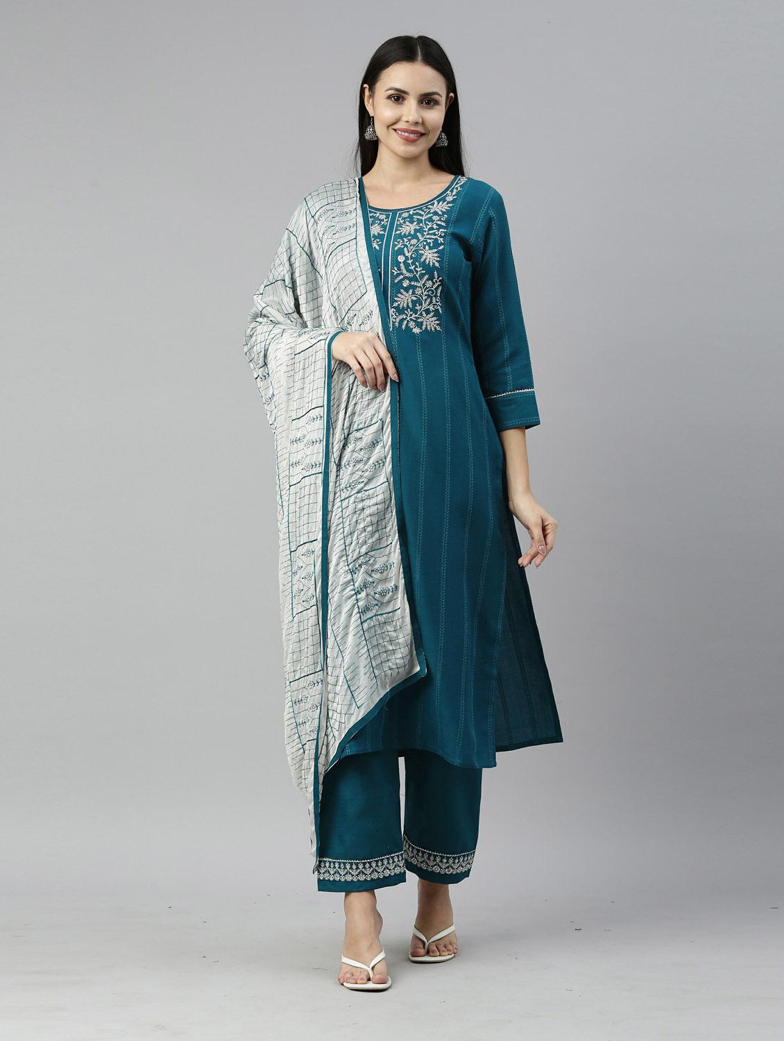 teal kurta pant set with dupatta - 18743777 -  Zoom Image - 0