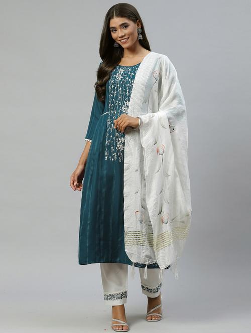 teal kurta pant set with dupatta - 18743787 -  Standard Image - 0