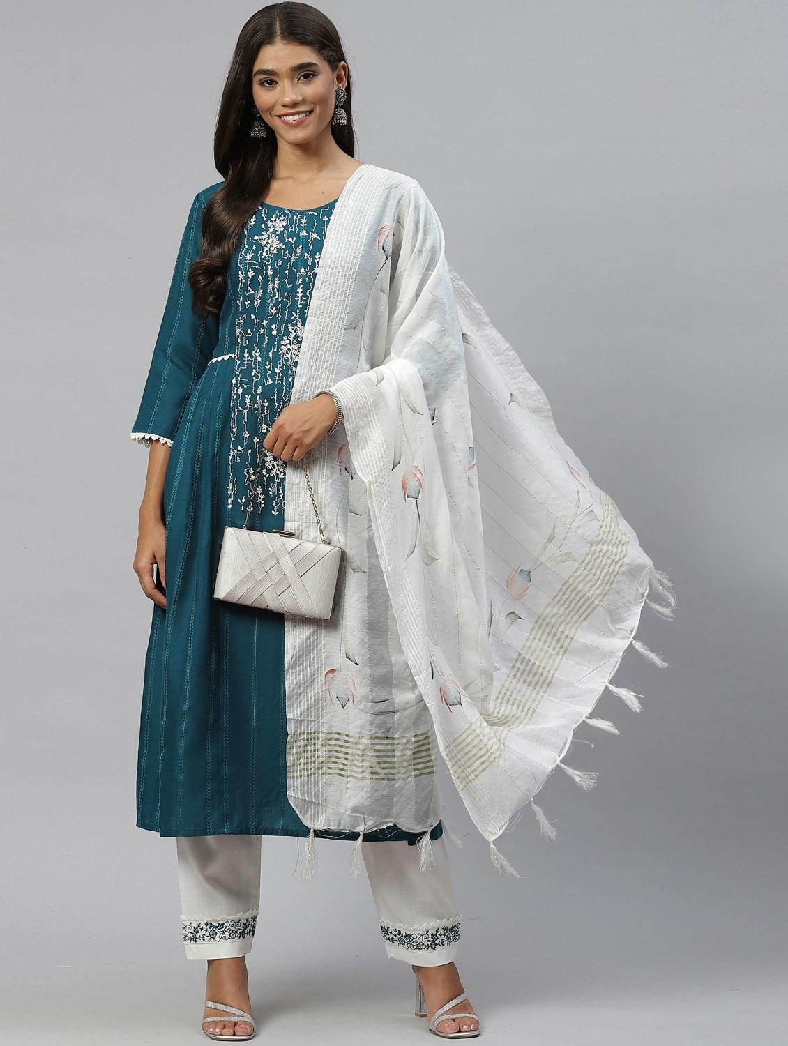 teal kurta pant set with dupatta - 18743787 - Standard Image - 3