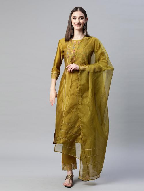 yellow kurta pant set with dupatta - 18743804 - Standard Image - 0