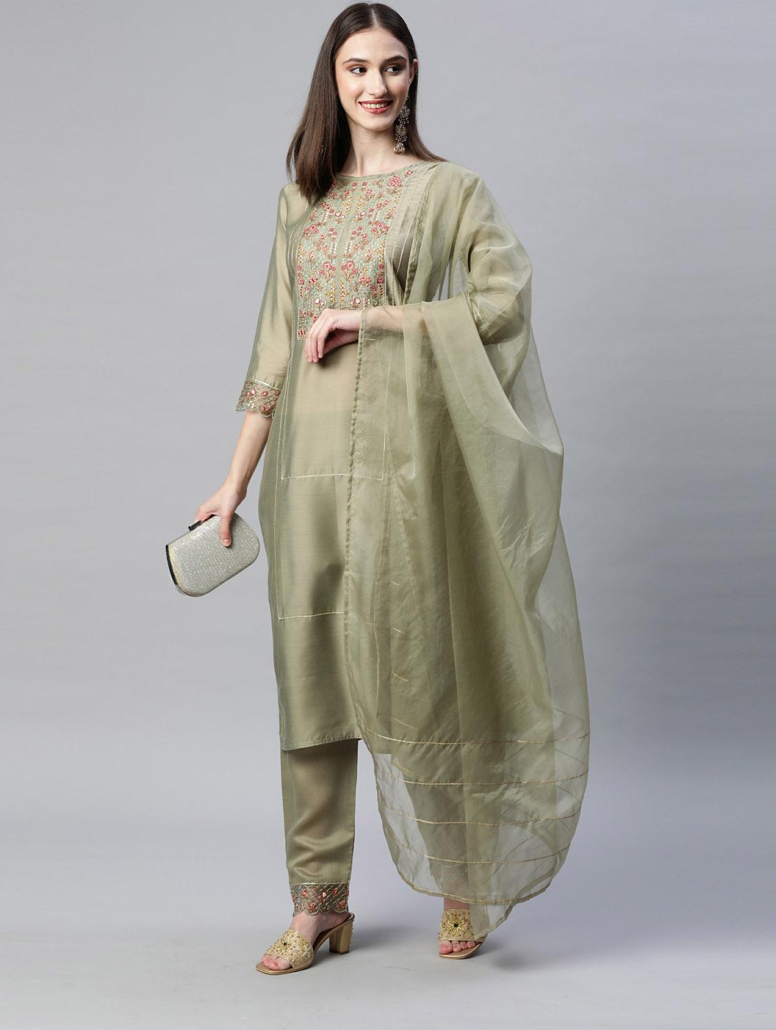 green kurta pant set with dupatta - 18743806 - Standard Image - 3