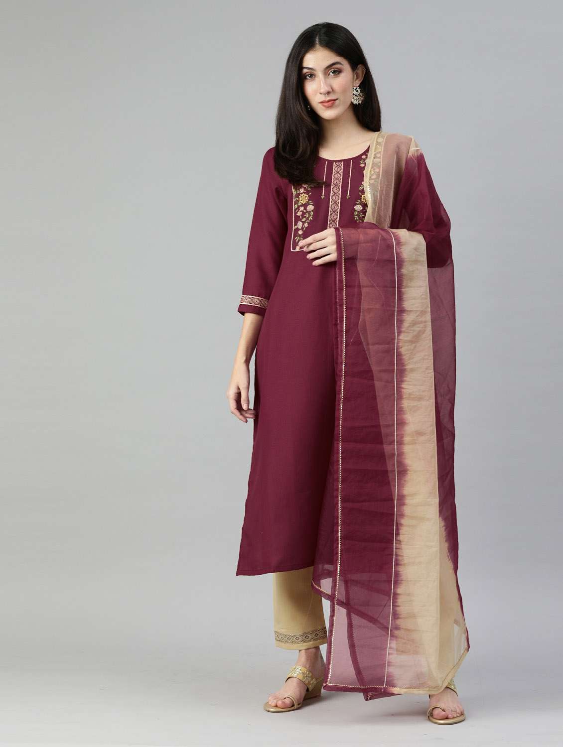 burgundy kurta pant set with dupatta - 18743813 -  Zoom Image - 0