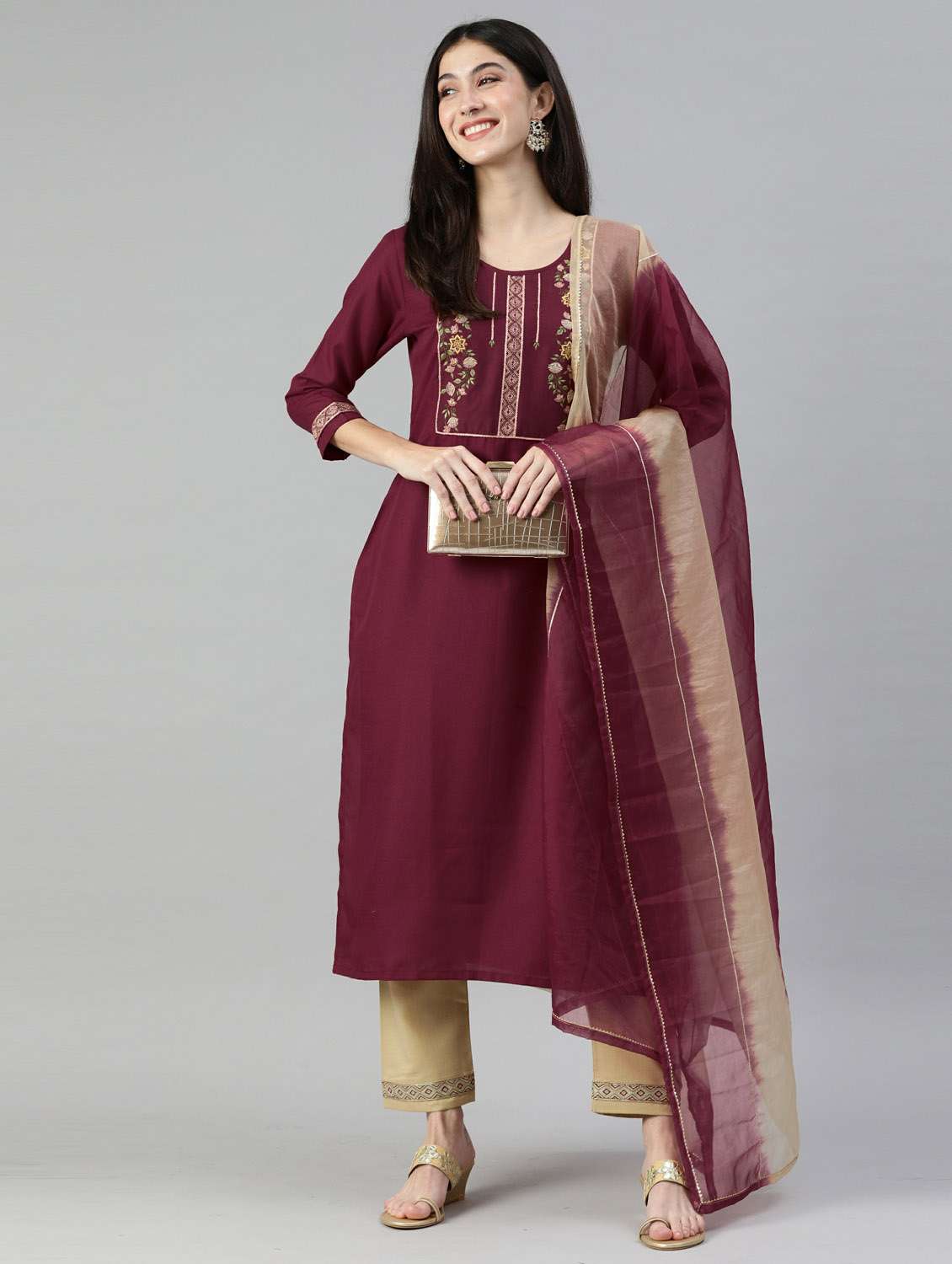 burgundy kurta pant set with dupatta - 18743813 - Standard Image - 3