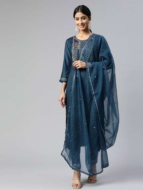 navy kurta pant set with dupatta - 18743831 -  Standard Image - 0
