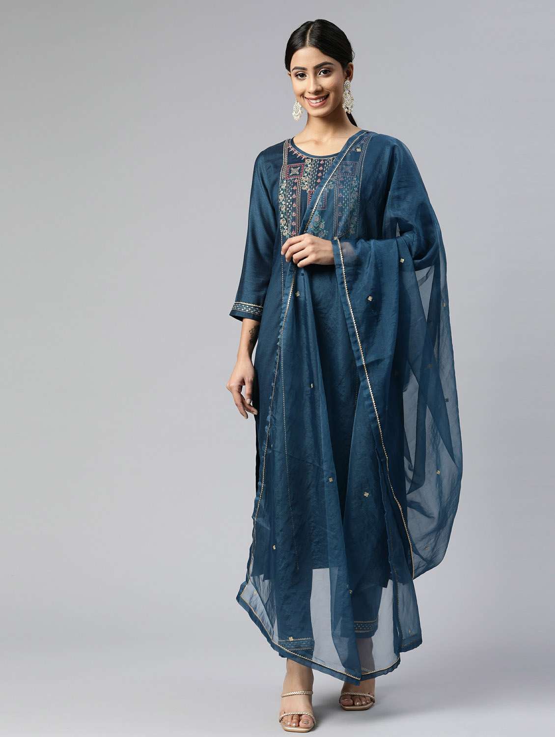 navy kurta pant set with dupatta - 18743831 -  Zoom Image - 0