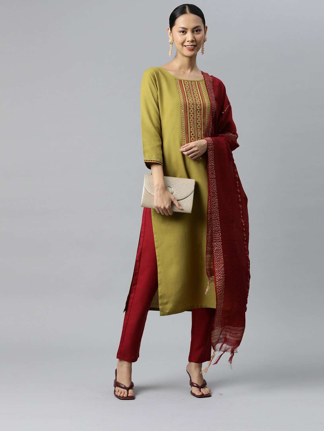 olive kurta pant set with dupatta - 18743835 - Standard Image - 3