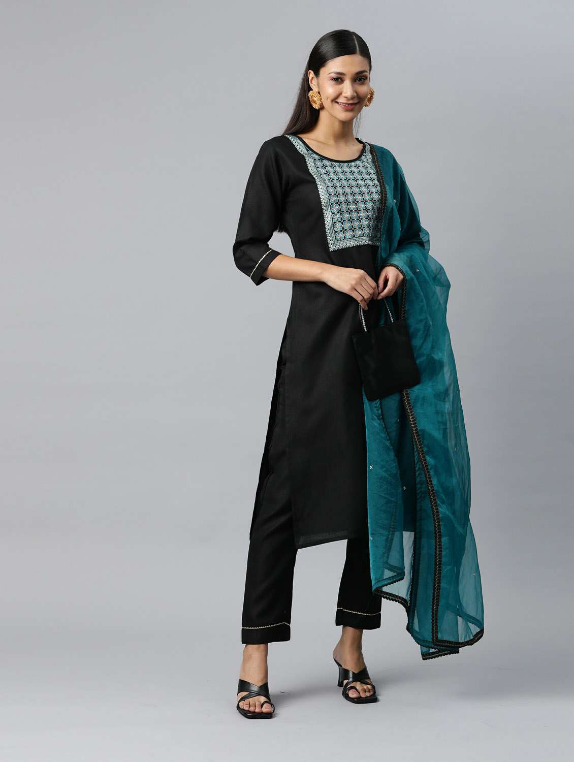 black kurta pant set with dupatta - 18743840 - Standard Image - 3