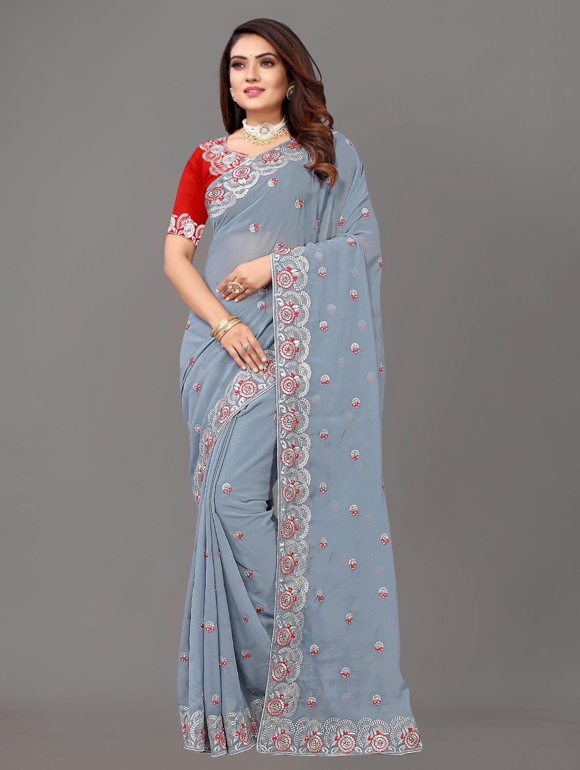 embroidered grey saree with blouse - 18751064 - Zoom Image - 0