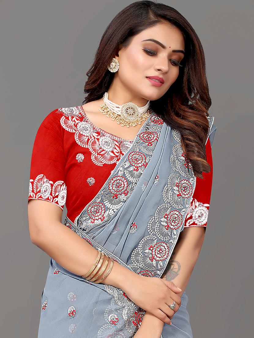 embroidered grey saree with blouse - 18751064 - Standard Image - 3