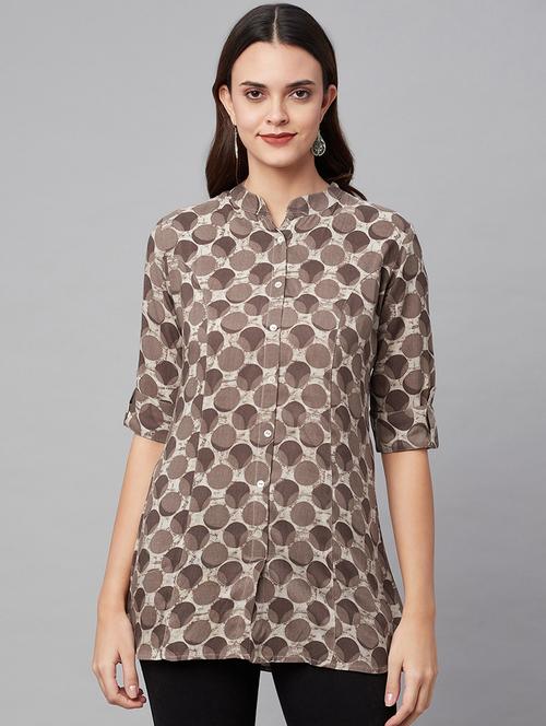 brown mandarin neck printed tunic - 18754195 -  Standard Image - 0