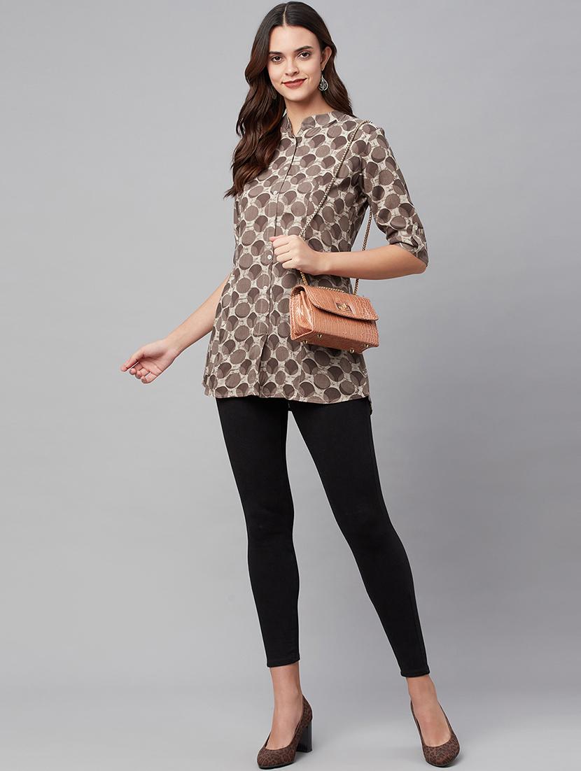 brown mandarin neck printed tunic - 18754195 - Standard Image - 3