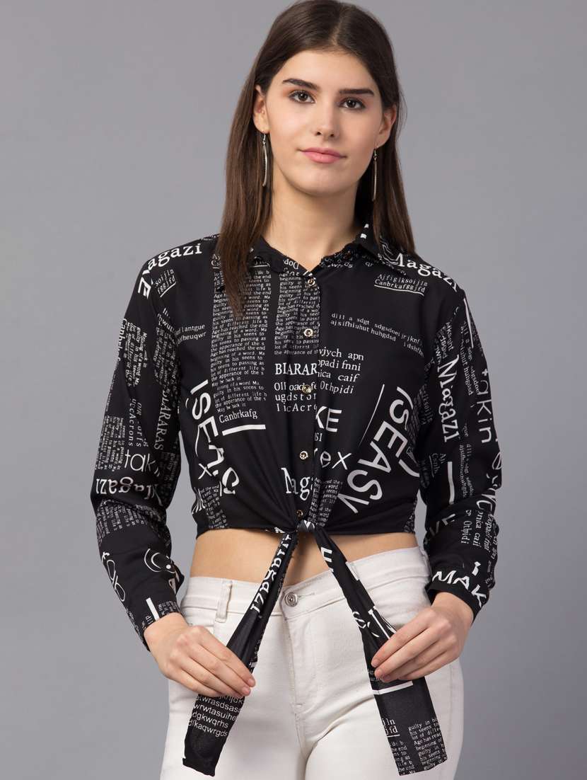 tie front news paper print crop top - 18757272 - Zoom Image - 0
