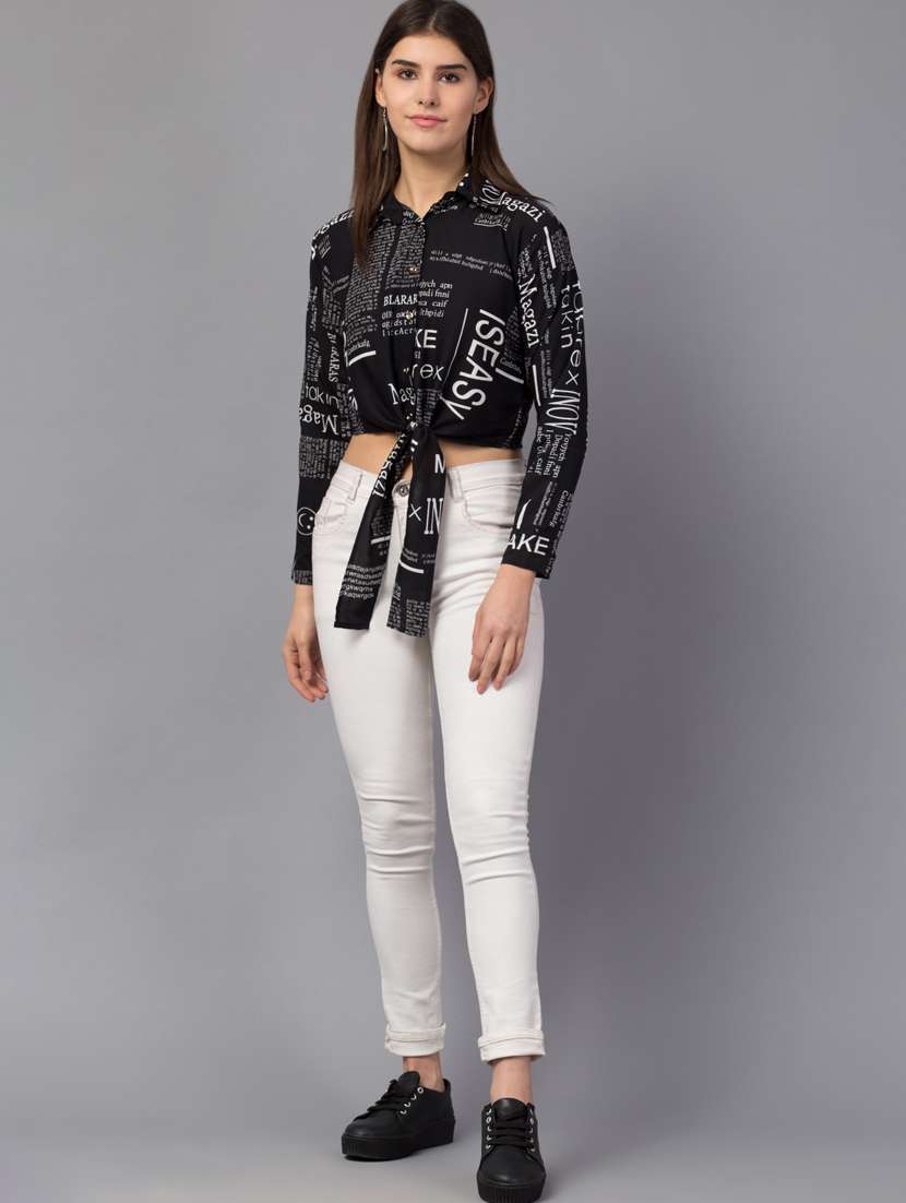 tie front news paper print crop top - 18757272 - Standard Image - 3