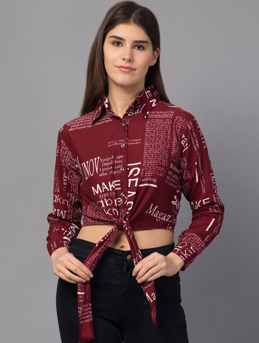 tie front news paper print crop top - 18757273 -  Zoom Image - 0