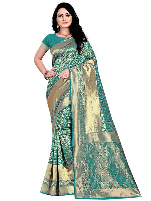 turquoise blue banarasi saree with blouse - 18758536 - Standard Image - 0