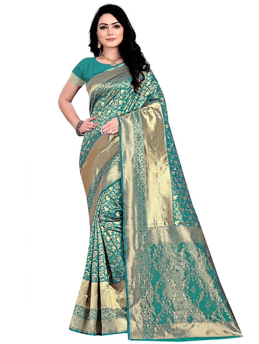 turquoise blue banarasi saree with blouse - 18758536 - Zoom Image - 0