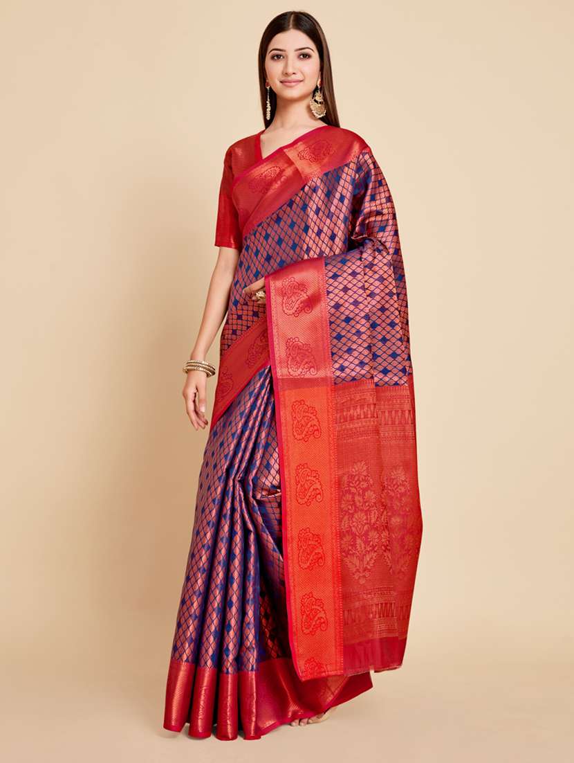 dark blue art silk kanjivaram saree with blouse - 18762255 - Zoom Image - 0