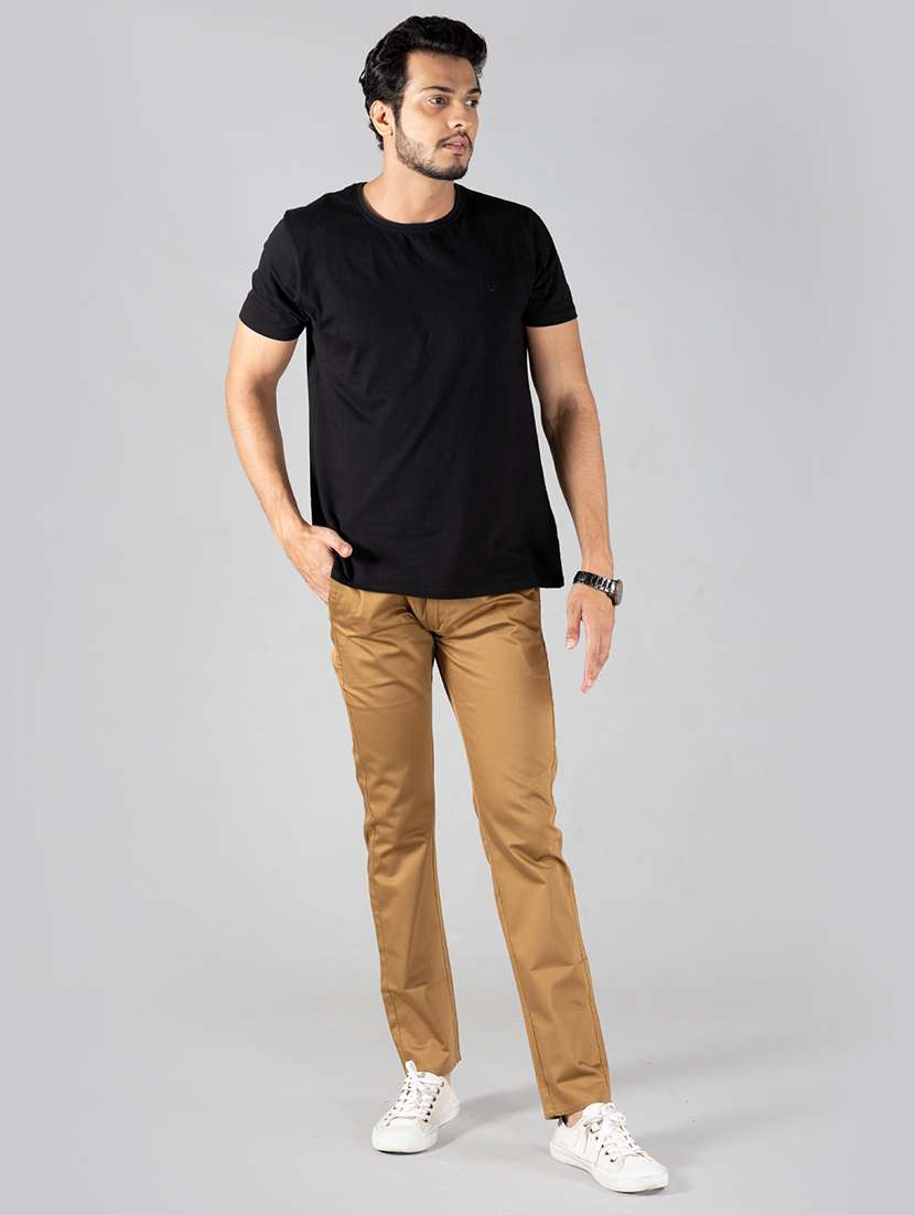 mens brown flat front casual trousers - 18764525 - Standard Image - 3