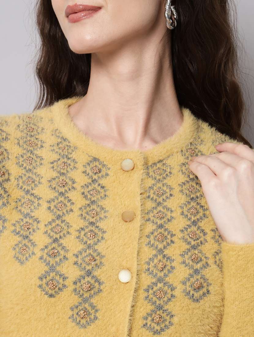round neck printed wool cardigan