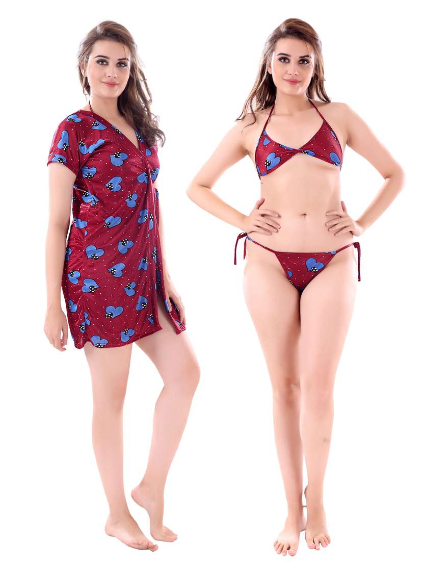 solid three piece night wear set - 18766113 -  Zoom Image - 0