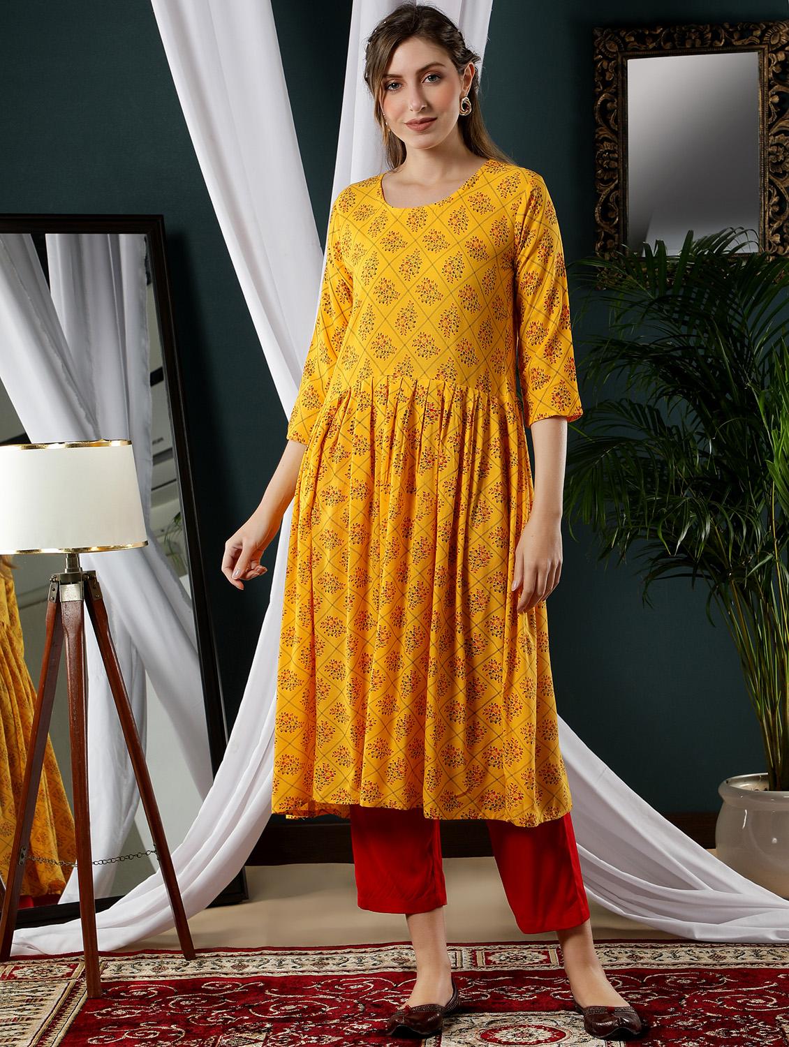 yellow rayon anarkali kurta - 18788385 - Zoom Image - 0