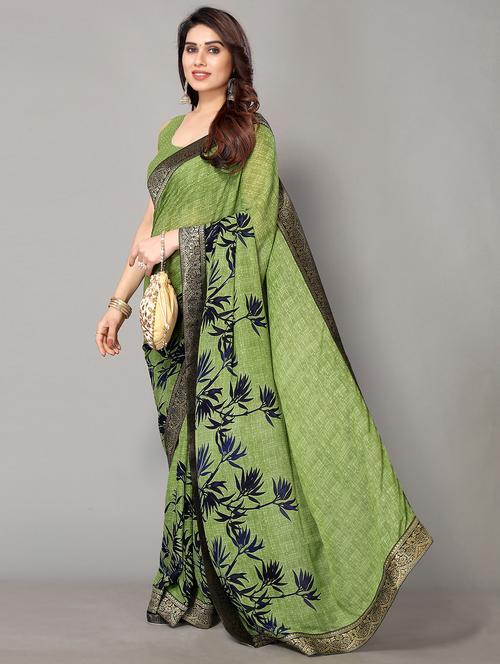 green georgette printed saree with blouse - 18790250 - Standard Image - 0