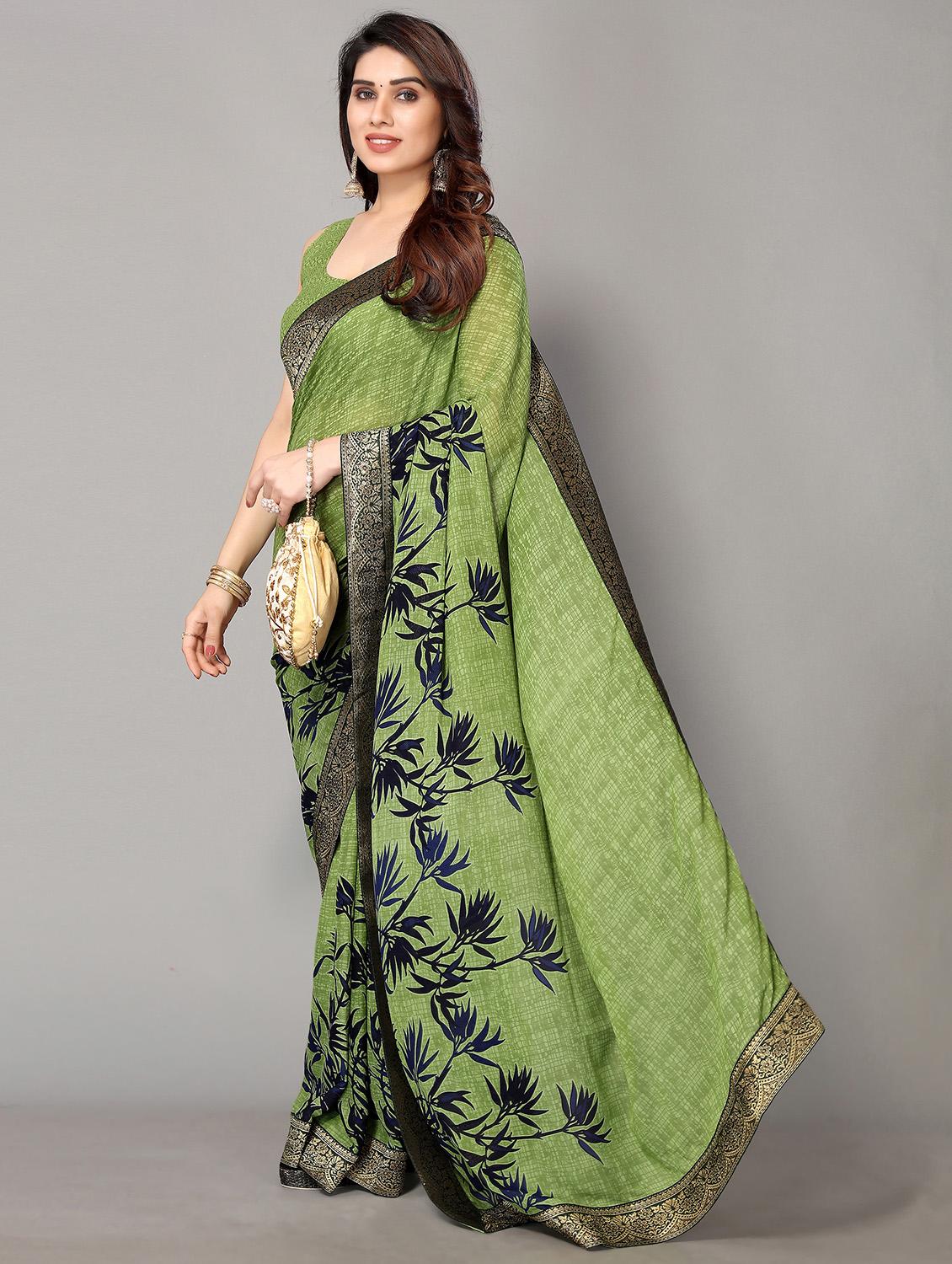 green georgette printed saree with blouse - 18790250 - Zoom Image - 0