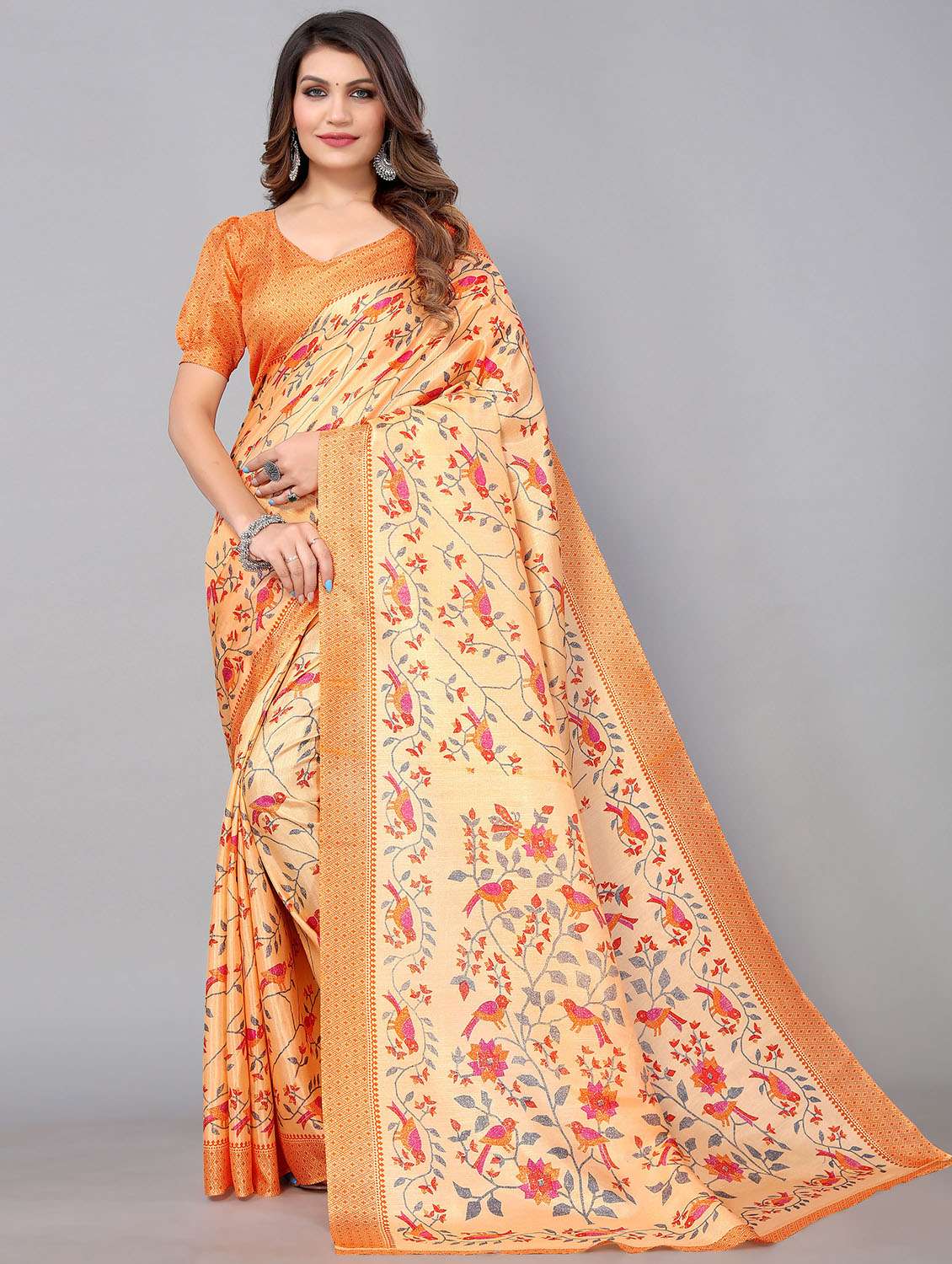 orange silk blend mysore saree with blouse - 18790262 - Zoom Image - 0