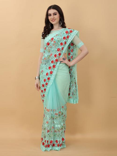 light blue floral embroidered saree with blouse - 18790300 - Standard Image - 0