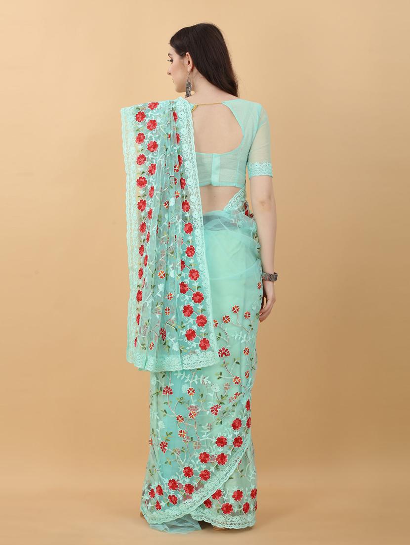 light blue floral embroidered saree with blouse - 18790300 - Standard Image - 3