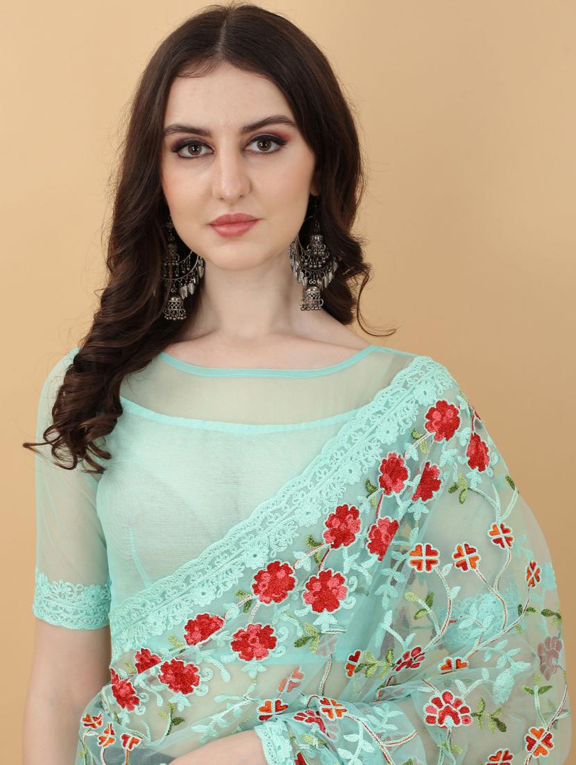 light blue floral embroidered saree with blouse - 18790300 - Standard Image - 5