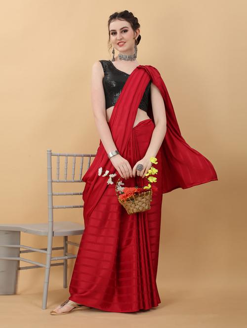 red satin plain saree with blouse - 18790305 -  Standard Image - 0
