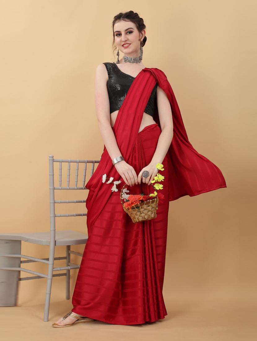red satin plain saree with blouse - 18790305 -  Zoom Image - 0