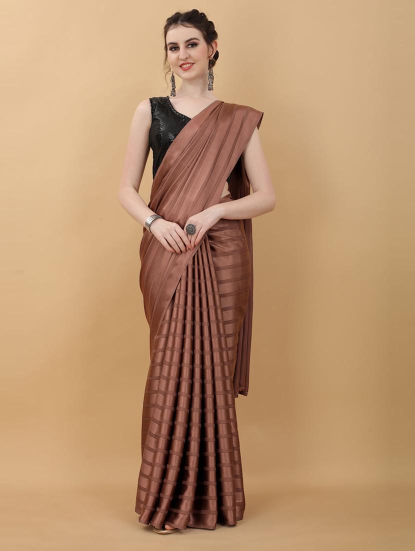 brown plain saree with blouse - 18790306 - Zoom Image - 0