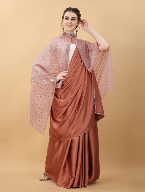 brown plain saree with koti with blouse - 18790316 - Standard Image - 0