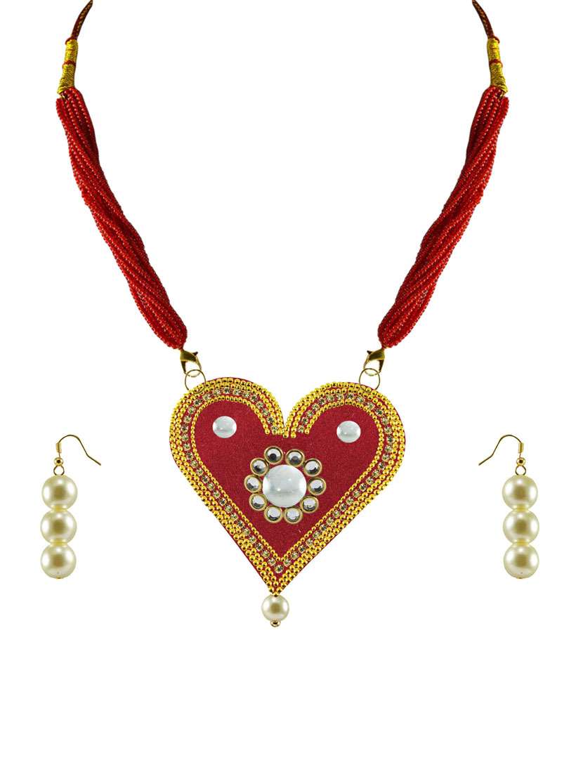 maroon heart shaped beads necklace earrings set
