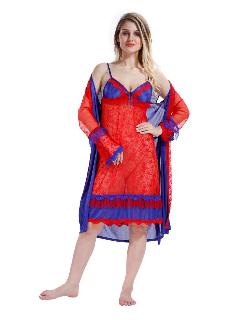 multi colored solid sleepwear robe with babydoll set 