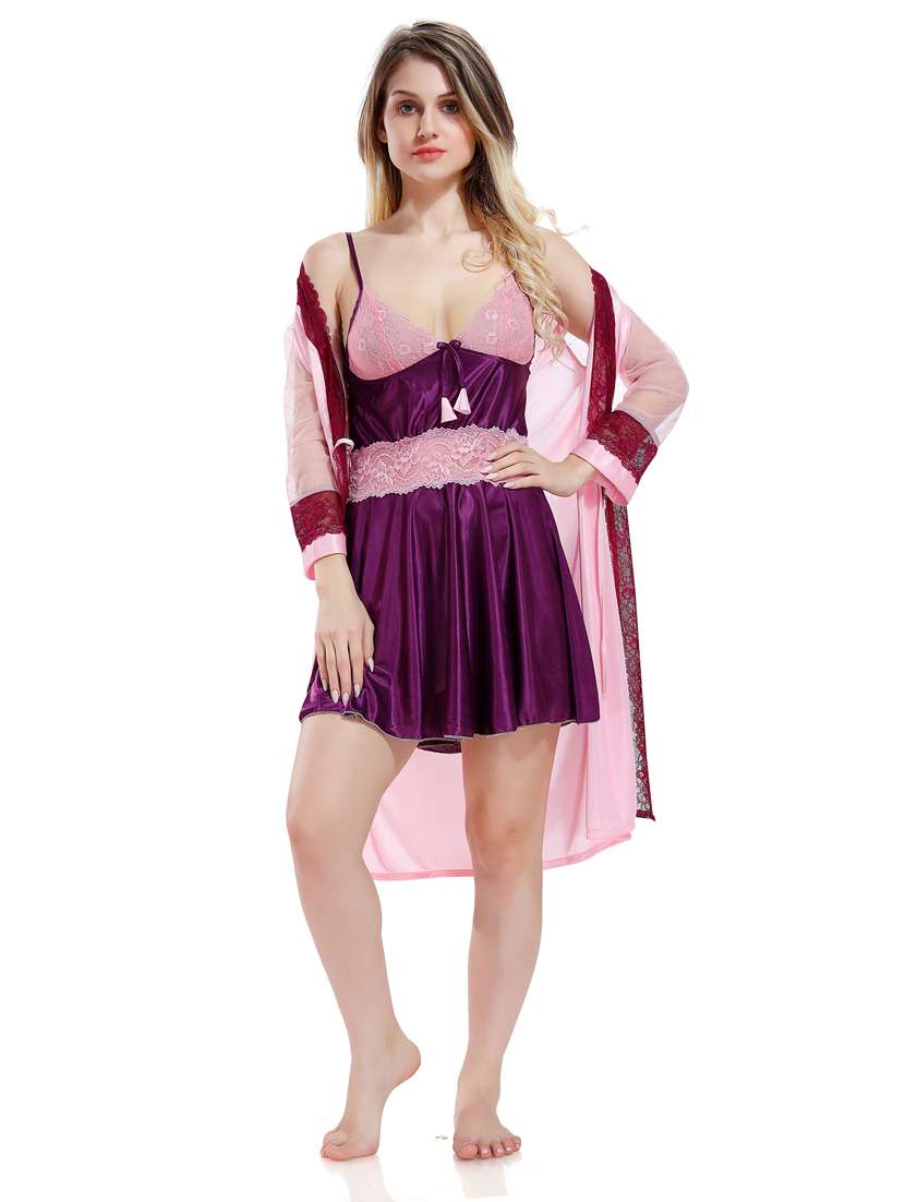 solid sleepwear robe with babydoll set - 18801284 - Zoom Image - 0