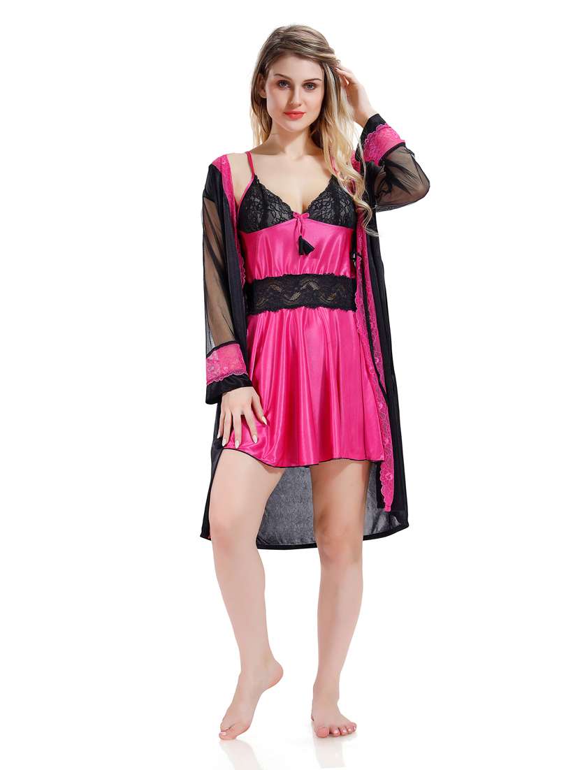 solid sleepwear robe with babydoll set 