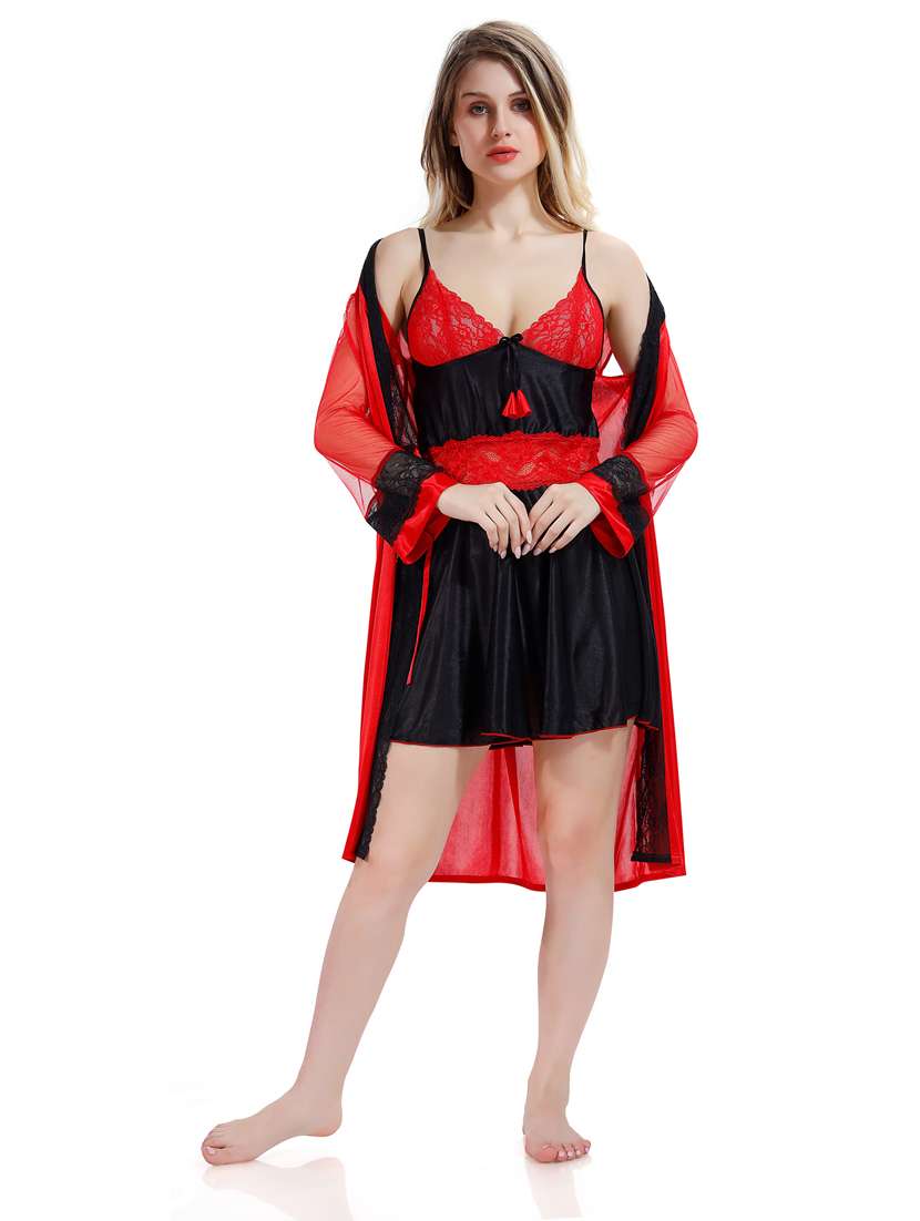 multi colored solid sleepwear robe with babydoll set 