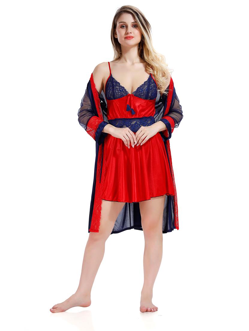 multi colored solid sleepwear robe with babydoll set  - 18801287 -  Zoom Image - 0