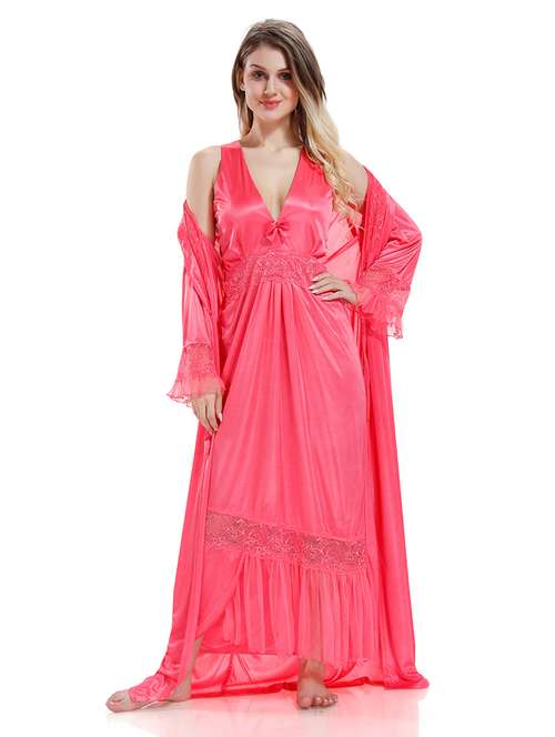 pink solid sleepwear robe with nighty set 