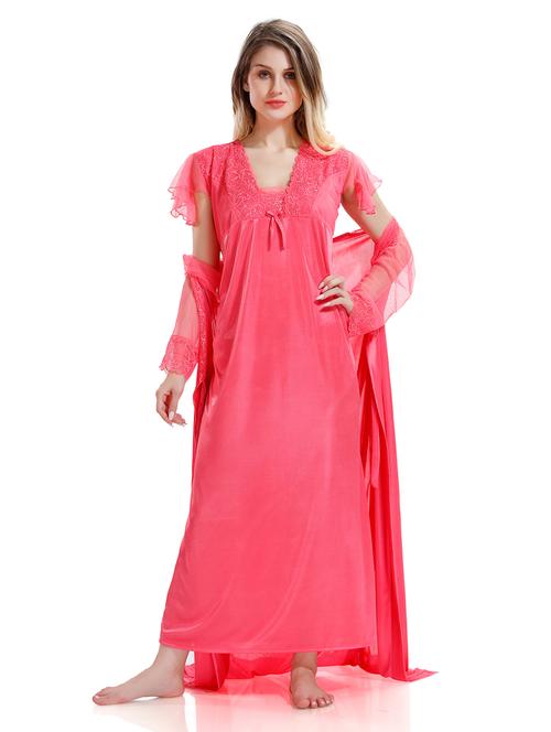 pink solid sleepwear robe with nighty set - 18801296 - Standard Image - 0