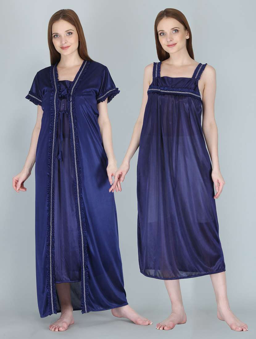 navy blue solid sleepwear robe with nighty set - 18801313 - Zoom Image - 0