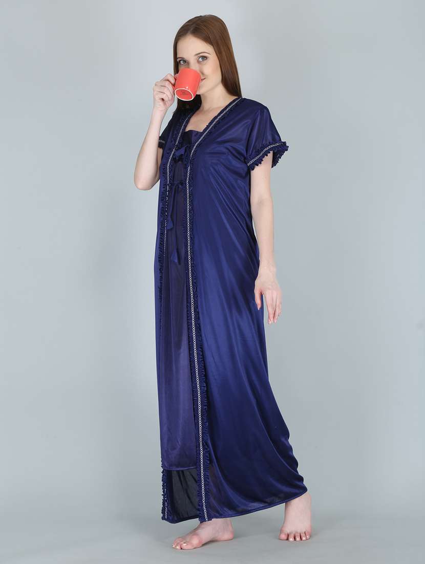 navy blue solid sleepwear robe with nighty set - 18801313 - Standard Image - 3