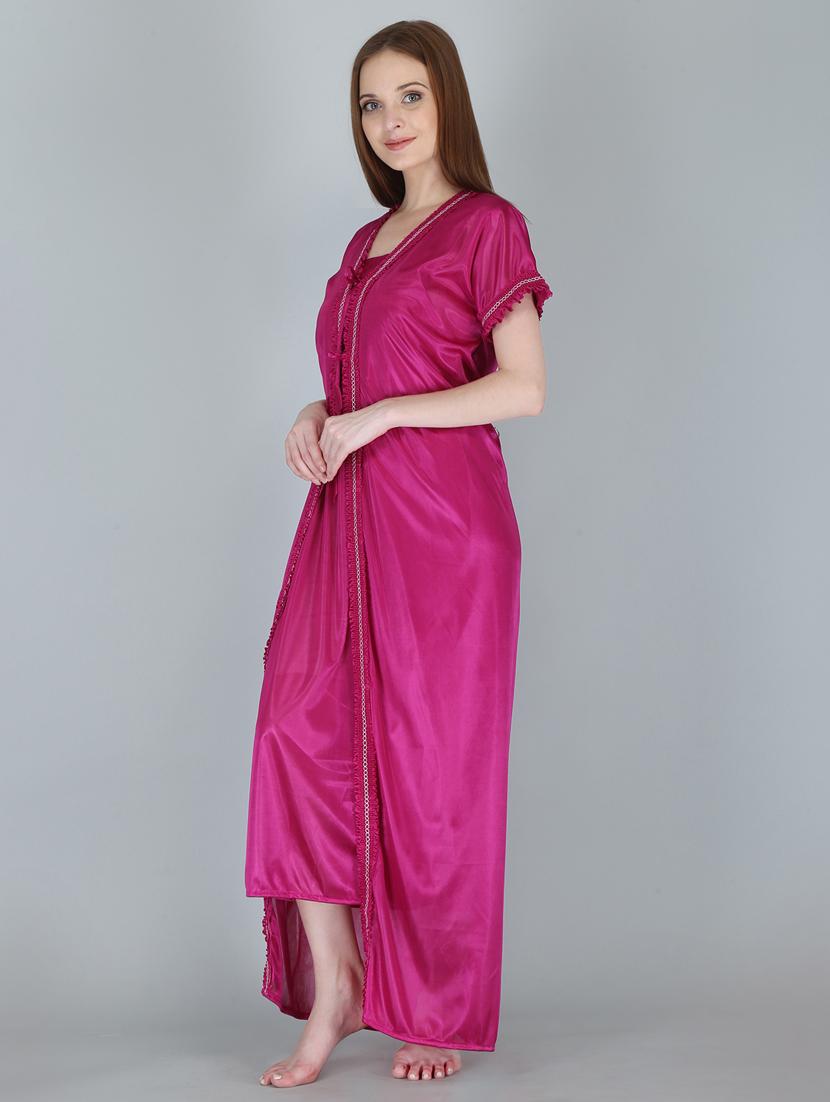 magenta solid sleepwear robe with nighty set - 18801318 - Standard Image - 3