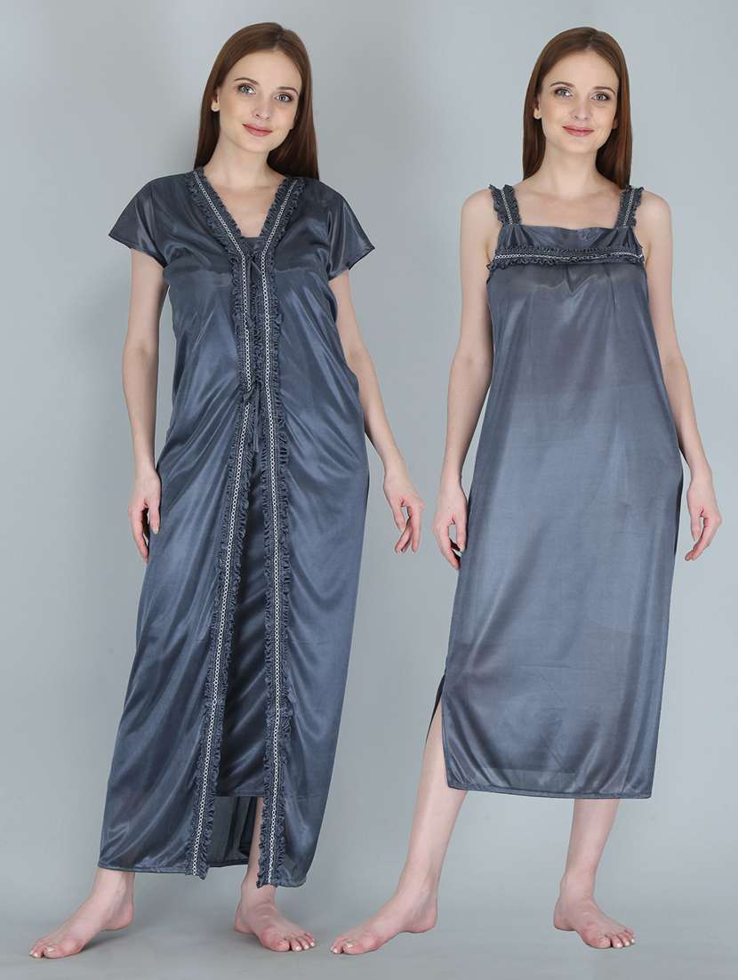 grey solid sleepwear robe set